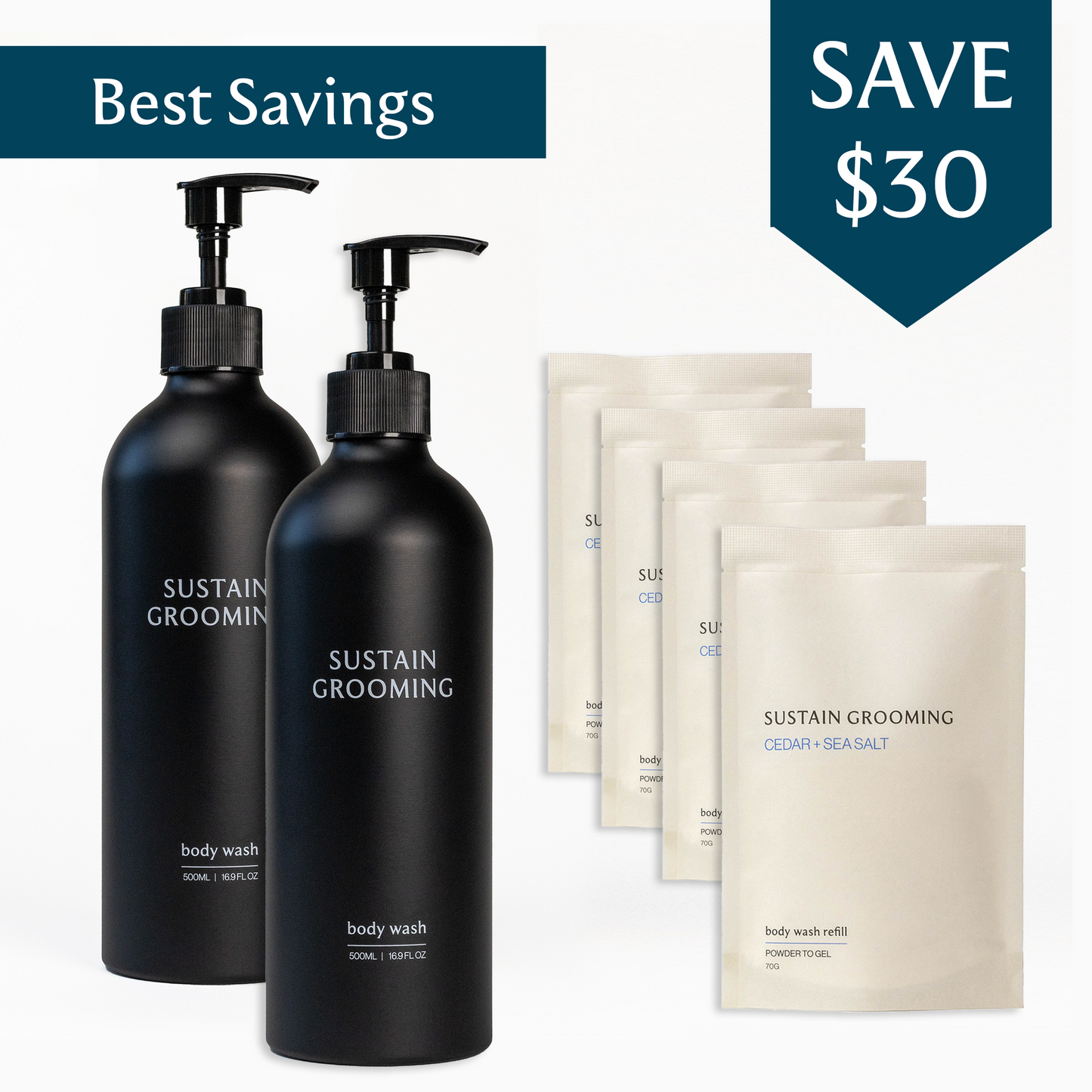 Family Bundle: 4 Body Wash Servings with 2 Reusable Bottles