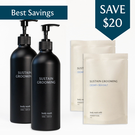 Family Bundle: 2 Body Wash Servings with 2 Reusable Bottles